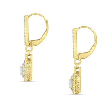 Emerald Cut Cluster CZ Dangle Hoop Leverback Earrings Yellow Tone 925 Sterling Silver